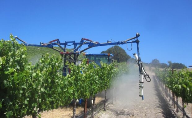 Image of grape sprayer driving down a vineyard row